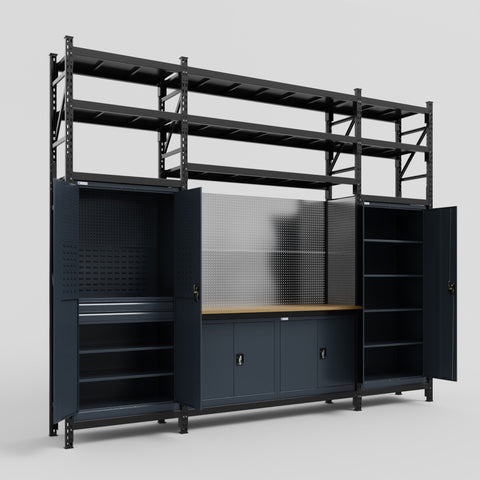 M121 Modular Work Bench with Shelves - H3100mm x W3840mm | MDF WBT | Dark Grey