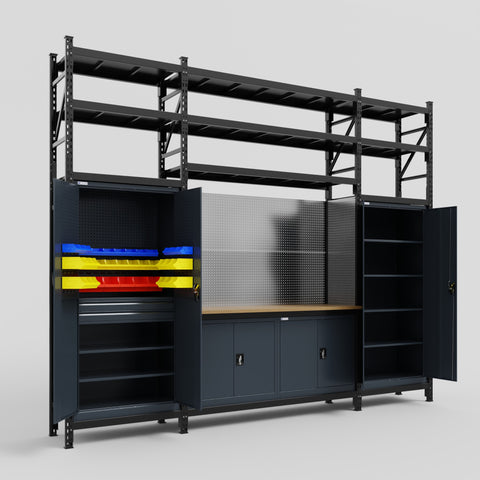 M121 Modular Work Bench with Shelves - H3100mm x W3840mm | MDF WBT | Dark Grey
