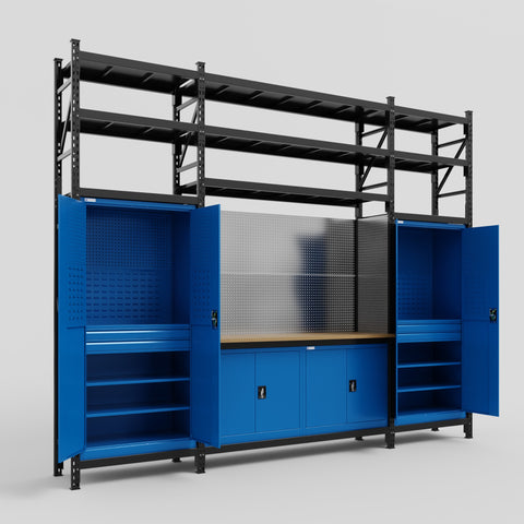 M121 Modular Work Bench with Shelves - H3100mm x W3840mm | MDF WBT | Blue