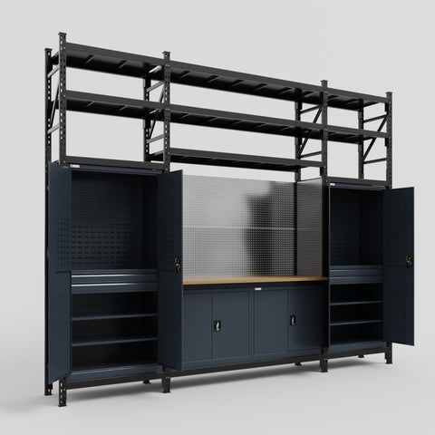 M121 Modular Work Bench with Shelves - H3100mm x W3840mm | MDF WBT | Dark Grey