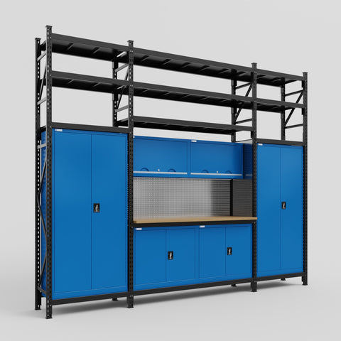 M121 Modular Work Bench with Shelves - H3100mm x W3840mm | MDF WBT | Blue