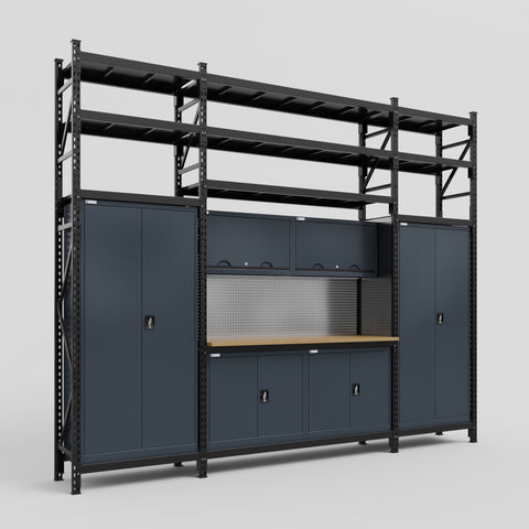 M121 Modular Work Bench with Shelves - H3100mm x W3840mm | MDF WBT | Dark Grey