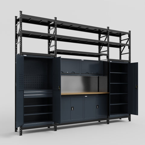 M121 Modular Work Bench with Shelves - H3100mm x W3840mm | MDF WBT | Dark Grey