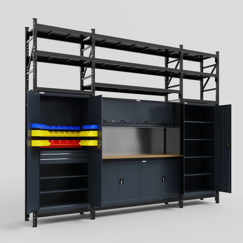 M121 Modular Work Bench with Shelves - H3100mm x W3840mm | MDF WBT | Dark Grey