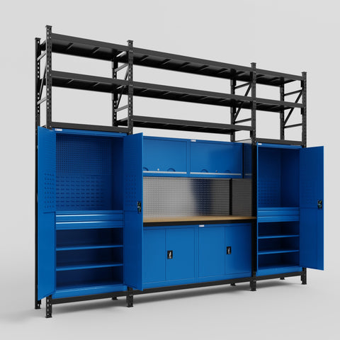 M121 Modular Work Bench with Shelves - H3100mm x W3840mm | MDF WBT | Blue