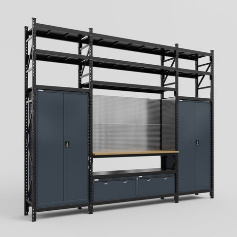 M121 Modular Work Bench with Shelves - H3100mm x W3840mm | MDF WBT | Dark Grey