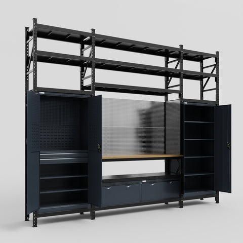 M121 Modular Work Bench with Shelves - H3100mm x W3840mm | MDF WBT | Dark Grey