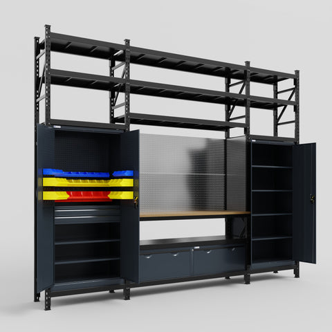 M121 Modular Work Bench with Shelves - H3100mm x W3840mm | MDF WBT | Dark Grey