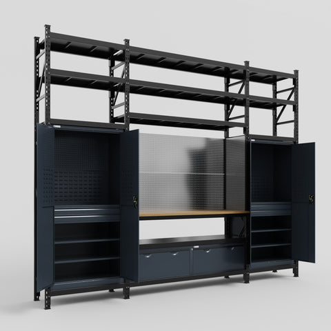 M121 Modular Work Bench with Shelves - H3100mm x W3840mm | MDF WBT | Dark Grey