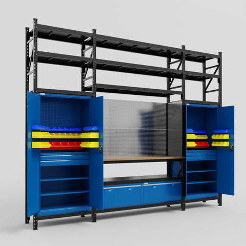 M121 Modular Work Bench with Shelves - H3100mm x W3840mm | MDF WBT | Blue