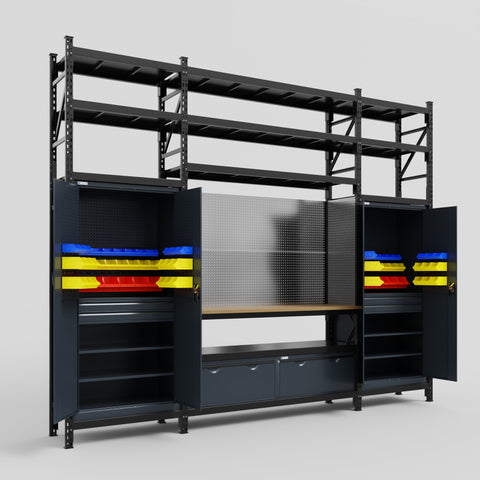 M121 Modular Work Bench with Shelves - H3100mm x W3840mm | MDF WBT | Dark Grey