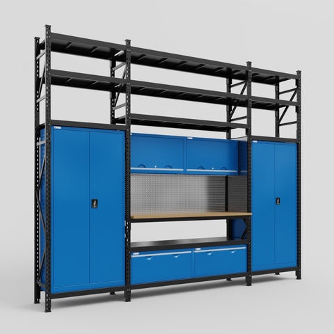 M121 Modular Work Bench with Shelves - H3100mm x W3840mm | MDF WBT | Blue