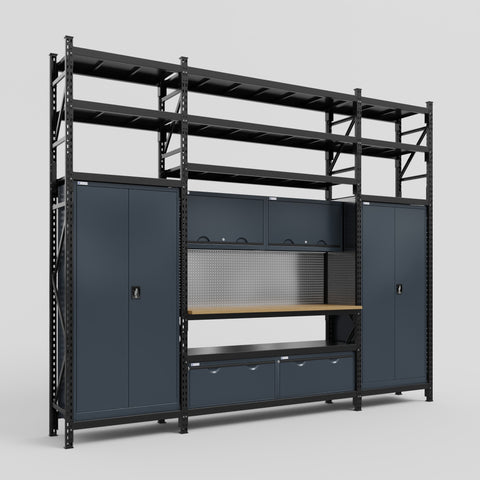 M121 Modular Work Bench with Shelves - H3100mm x W3840mm | MDF WBT | Dark Grey