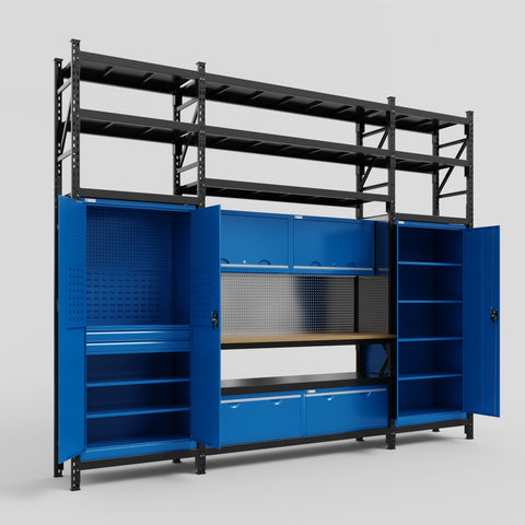 M121 Modular Work Bench with Shelves - H3100mm x W3840mm | MDF WBT | Blue