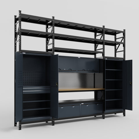 M121 Modular Work Bench with Shelves - H3100mm x W3840mm | MDF WBT | Dark Grey