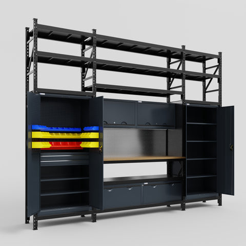M121 Modular Work Bench with Shelves - H3100mm x W3840mm | MDF WBT | Dark Grey