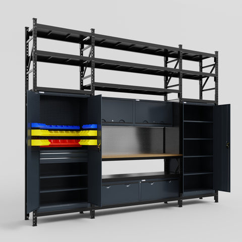 M121 Modular Work Bench with Shelves - H3100mm x W3840mm | MDF WBT | Dark Grey