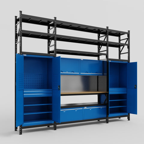M121 Modular Work Bench with Shelves - H3100mm x W3840mm | MDF WBT | Blue