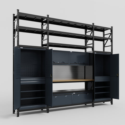 M121 Modular Work Bench with Shelves - H3100mm x W3840mm | MDF WBT | Dark Grey