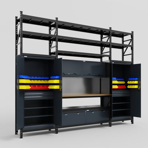 M121 Modular Work Bench with Shelves - H3100mm x W3840mm | MDF WBT | Dark Grey