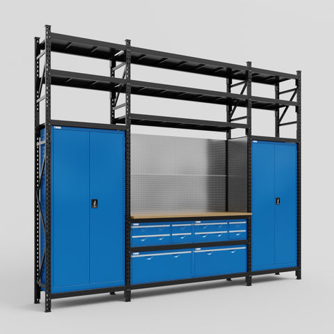 M121 Modular Work Bench with Shelves - H3100mm x W3840mm | MDF WBT | Blue