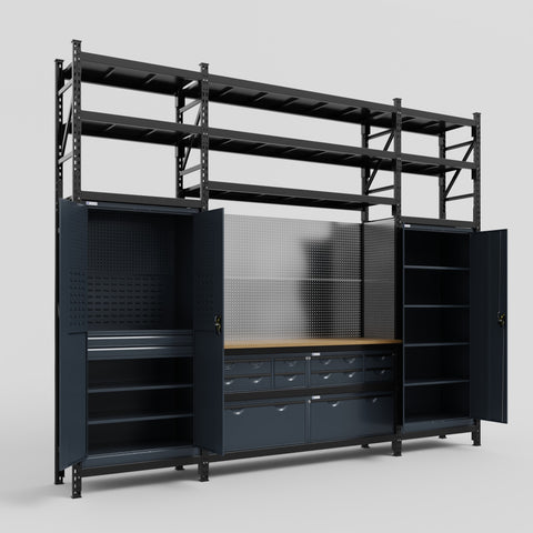 M121 Modular Work Bench with Shelves - H3100mm x W3840mm | MDF WBT | Dark Grey