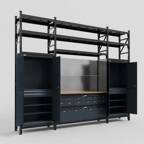 M121 Modular Work Bench with Shelves - H3100mm x W3840mm | MDF WBT | Dark Grey