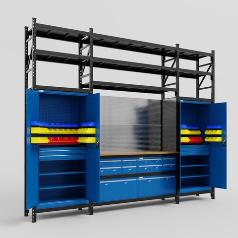 M121 Modular Work Bench with Shelves - H3100mm x W3840mm | MDF WBT | Blue