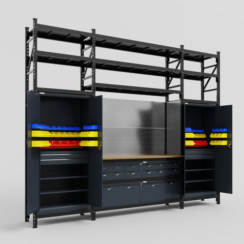 M121 Modular Work Bench with Shelves - H3100mm x W3840mm | MDF WBT | Dark Grey