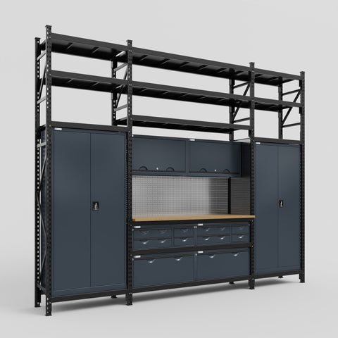 M121 Modular Work Bench with Shelves - H3100mm x W3840mm | MDF WBT | Dark Grey