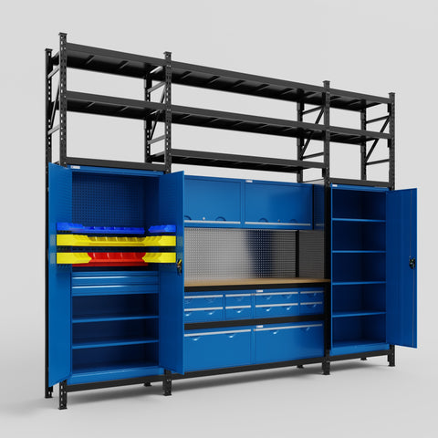 M121 Modular Work Bench with Shelves - H3100mm x W3840mm | MDF WBT | Blue