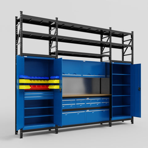 M121 Modular Work Bench with Shelves - H3100mm x W3840mm | MDF WBT | Blue