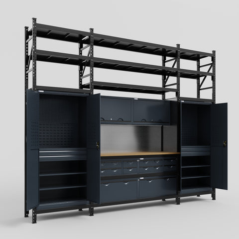 M121 Modular Work Bench with Shelves - H3100mm x W3840mm | MDF WBT | Dark Grey