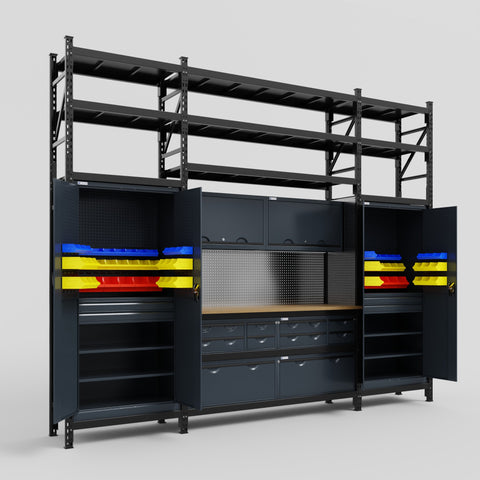 M121 Modular Work Bench with Shelves - H3100mm x W3840mm | MDF WBT | Dark Grey