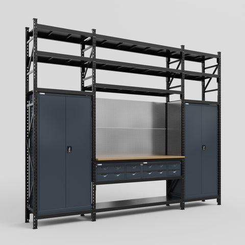 M121 Modular Work Bench with Shelves - H3100mm x W3840mm | MDF WBT | Dark Grey