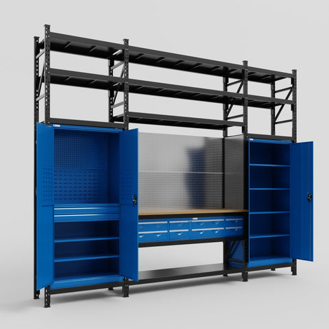 M121 Modular Work Bench with Shelves - H3100mm x W3840mm | MDF WBT | Blue