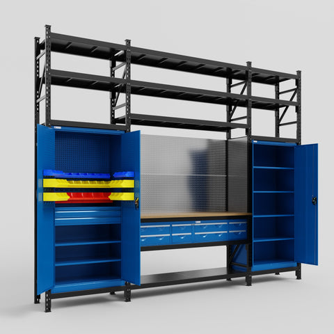 M121 Modular Work Bench with Shelves - H3100mm x W3840mm | MDF WBT | Blue