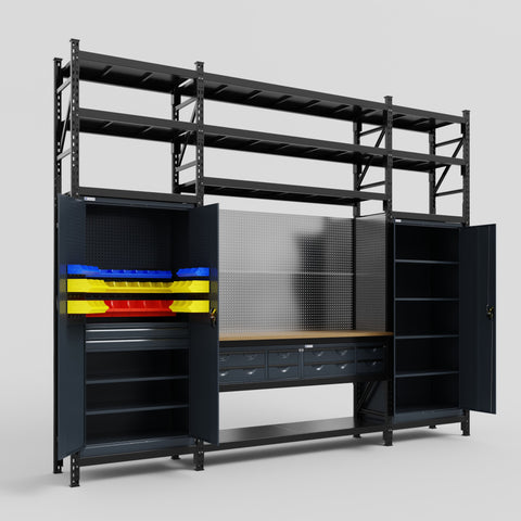 M121 Modular Work Bench with Shelves - H3100mm x W3840mm | MDF WBT | Dark Grey