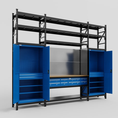 M121 Modular Work Bench with Shelves - H3100mm x W3840mm | MDF WBT | Blue