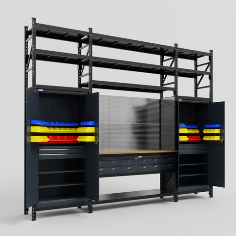 M121 Modular Work Bench with Shelves - H3100mm x W3840mm | MDF WBT | Dark Grey