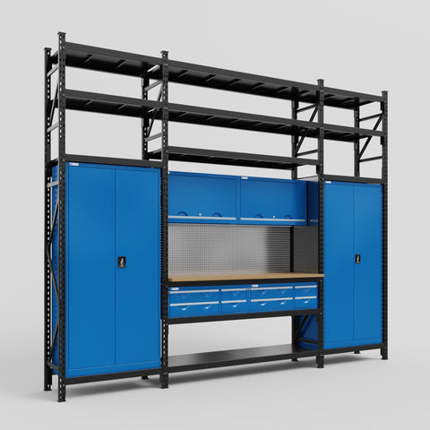 M121 Modular Work Bench with Shelves - H3100mm x W3840mm | MDF WBT | Blue