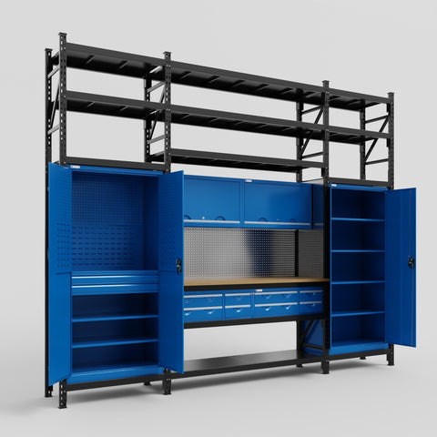 M121 Modular Work Bench with Shelves - H3100mm x W3840mm | MDF WBT | Blue