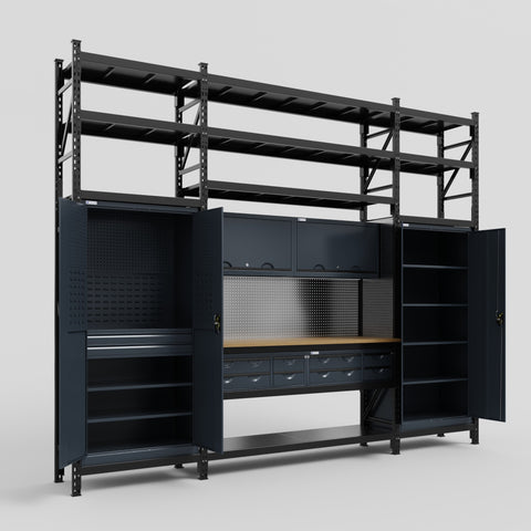 M121 Modular Work Bench with Shelves - H3100mm x W3840mm | MDF WBT | Dark Grey