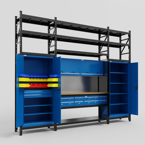 M121 Modular Work Bench with Shelves - H3100mm x W3840mm | MDF WBT | Blue