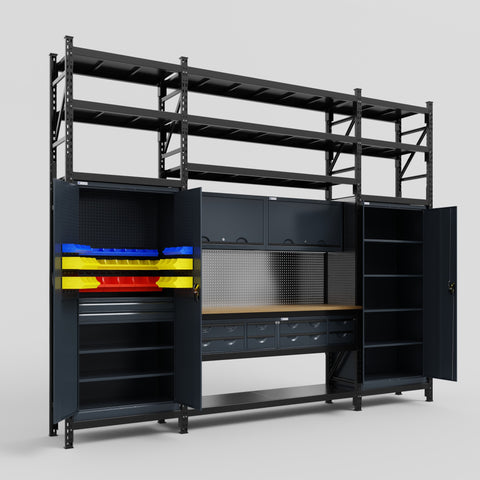 M121 Modular Work Bench with Shelves - H3100mm x W3840mm | MDF WBT | Dark Grey