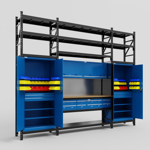 M121 Modular Work Bench with Shelves - H3100mm x W3840mm | MDF WBT | Blue
