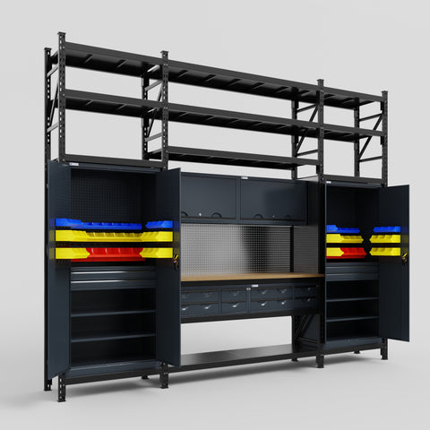 M121 Modular Work Bench with Shelves - H3100mm x W3840mm | MDF WBT | Dark Grey