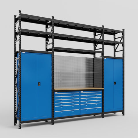 M121 Modular Work Bench with Shelves - H3100mm x W3840mm | MDF WBT | Blue