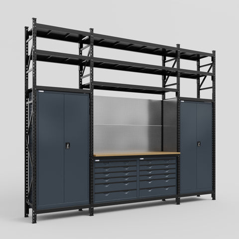 M121 Modular Work Bench with Shelves - H3100mm x W3840mm | MDF WBT | Dark Grey