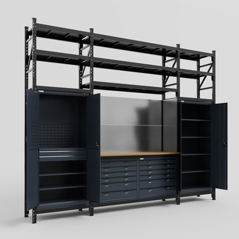 M121 Modular Work Bench with Shelves - H3100mm x W3840mm | MDF WBT | Dark Grey